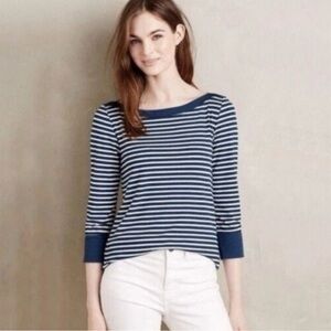 ANTHROPOLOGIE Akemi + Kim Walking Tour Top, Navy White Stripes, Boatneck